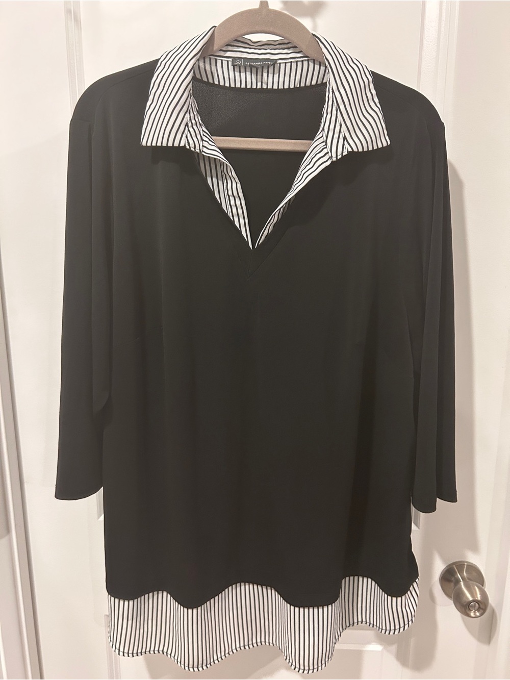 Adrianna Papell Black Tunic with Black-and-White Striped Collar and Hem